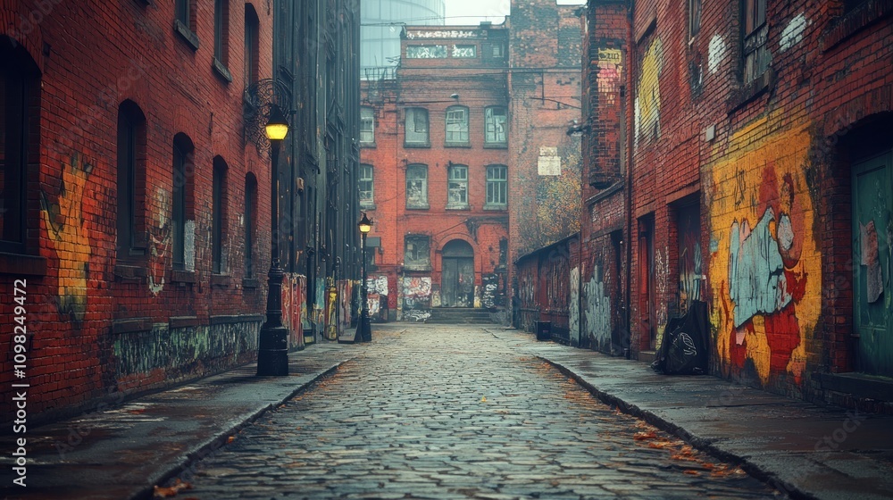 Naklejka premium Misty Urban Alley: A Cobblestone Path Through Graffiti-Adorned Brick Buildings
