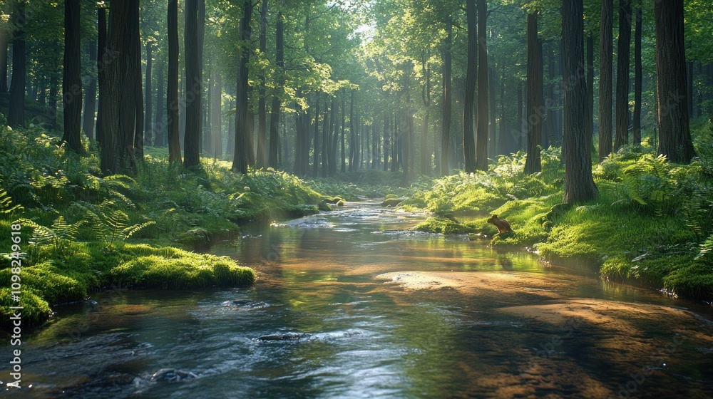 Obraz premium Sunlit Forest Stream: A Serene Escape into Nature's Embrace