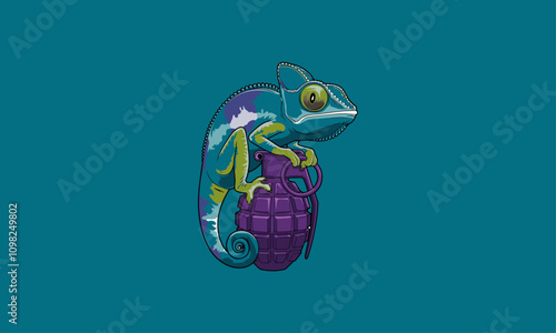 Chameleon sitting on a purple grenade vector art.