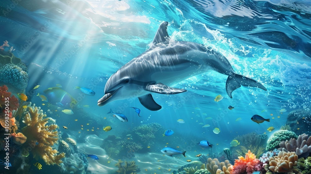 Fototapeta premium Playful dolphins swimming in vibrant ocean waters 