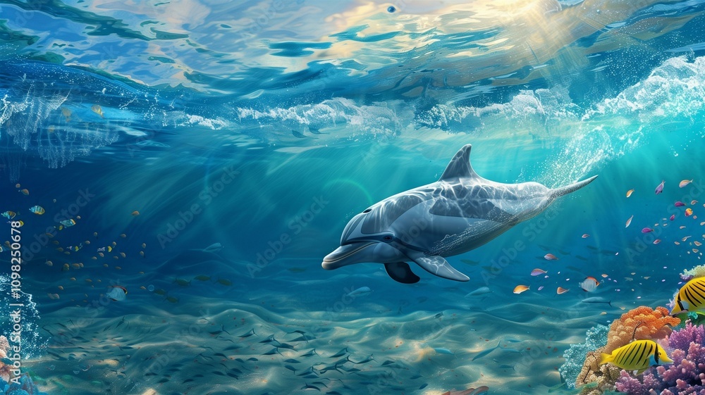 Fototapeta premium Playful dolphins swimming in vibrant ocean waters 