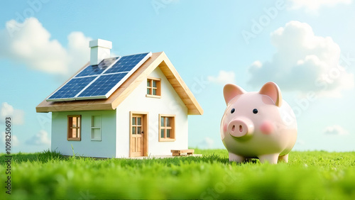 Pink piggy bank against the backdrop of a house with solar panels located on a green lawn. Symbolizes ecology, sustainable development and savings in the context of renewable energy sources. photo