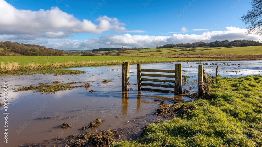 Fototapeta premium Flooded farmland under a bright winter sky. A rustic wooden gate partially submerged in muddy water, showcasing the tranquil yet challenging effects of nature's elements.