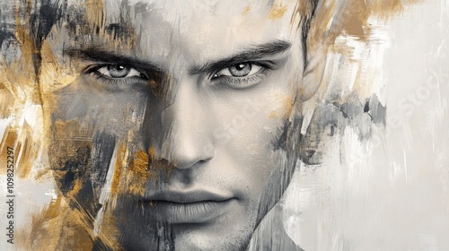 Abstract Male Portrait: A Study in Gold and Grey Hues photo