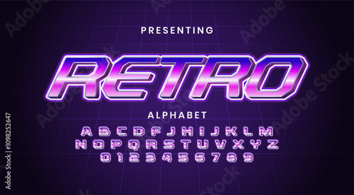 Retro Futuristic 80s font style. Vector alphabet with chrome effect template for game title, poster, disco nightlife and neon pink glow light editable text effect.headline, old style