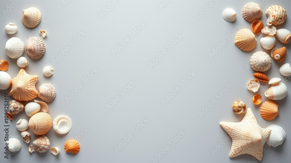 Obraz premium Seashells arranged in a symmetrical composition, creating a balanced visual narrative. The seashells are scattered on a light gray background, offering a natural and serene aesthetic.