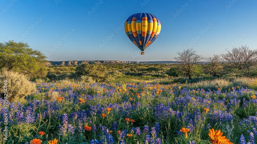 Fototapeta premium Hot Air Balloon Soaring Over Vibrant Wildflower Meadow