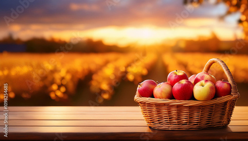 Apples In Wooden Basket On Table At Sunset - Autumn And Harves photo