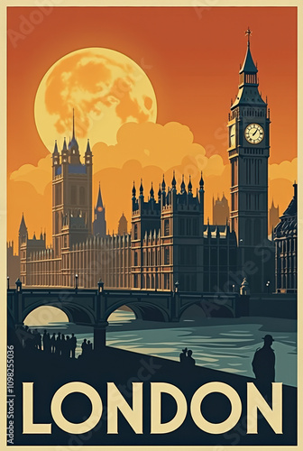 Art Deco Style London Travel Poster Featuring Big Ben, Tower Bridge, and Iconic Cityscapes in Vintage Designs