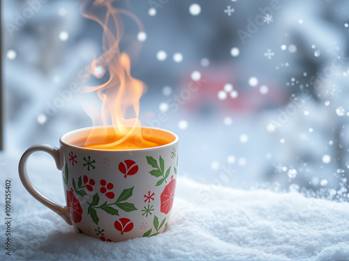 A steaming cup of tea rests on a snowy window sill, creating a cozy winter atmosphere. photo