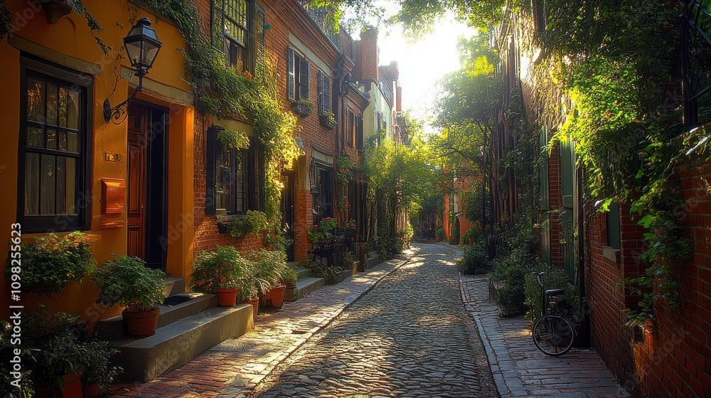 Fototapeta premium Sunlit Cobblestone Alley: A Charming Cityscape