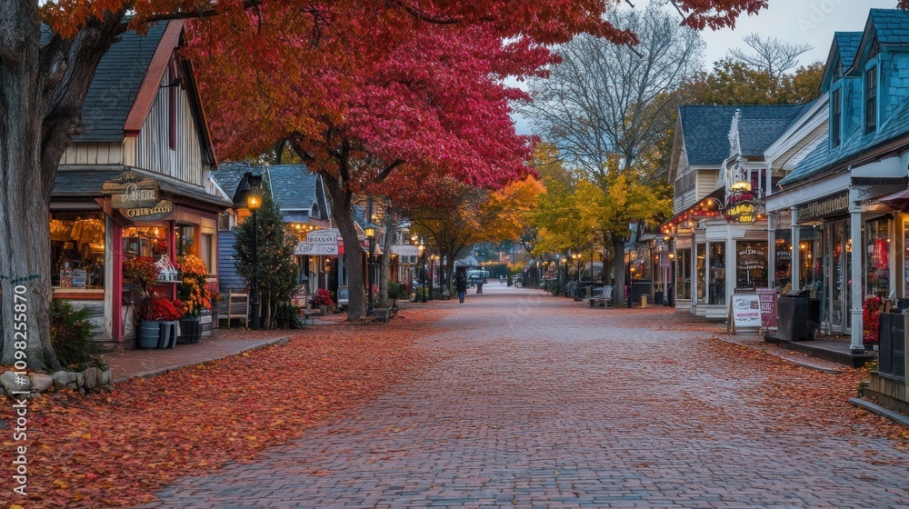 Fototapeta premium Autumnal Charm: Brick-paved Street in a Picturesque Village