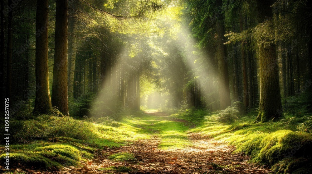 Obraz premium Sunbeams Illuminating a Mystical Forest Path