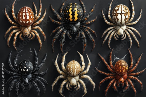 A collection of six stylized spider illustrations with various colors and patterns. photo