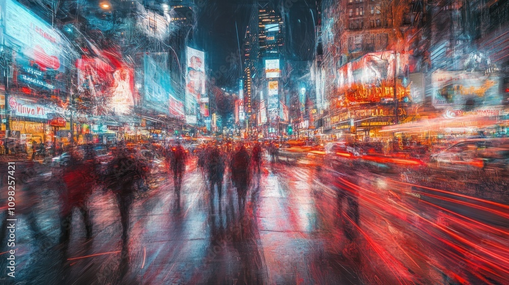 Fototapeta premium Times Square Night Lights: A Blur of Urban Energy