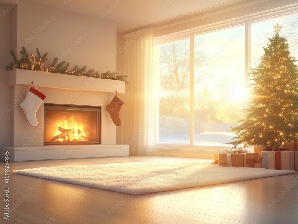 Fototapeta premium Cozy Christmas Room with Fireplace and Christmas Tree
