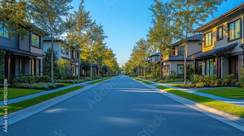 Suburban Street at Golden Hour: A Picturesque View of Modern Homes and Lush Landscaping
