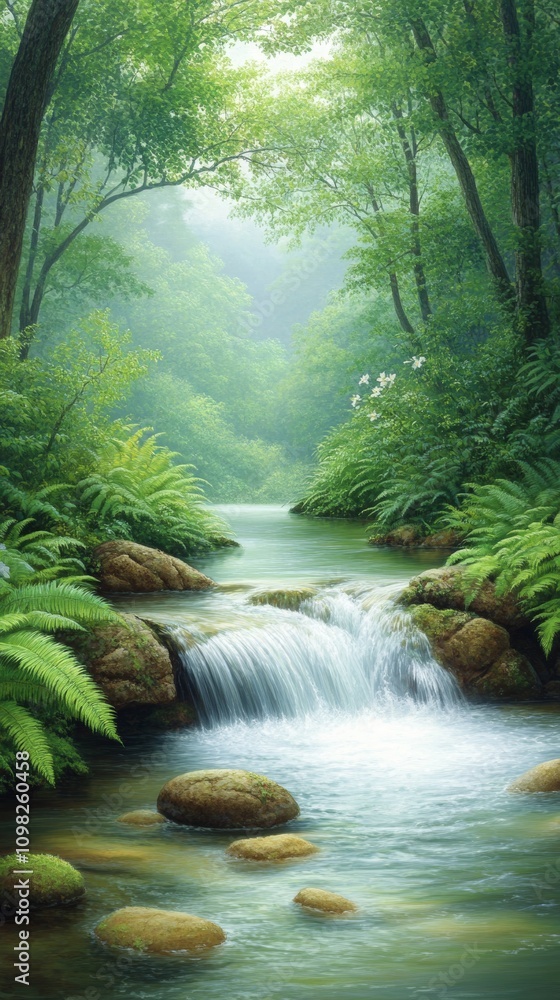 Fototapeta premium Serene Waterfall in Lush Green Forest.