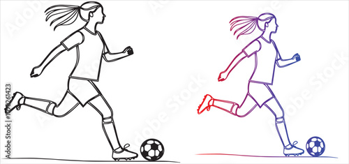 One line drawing of women soccer player vector