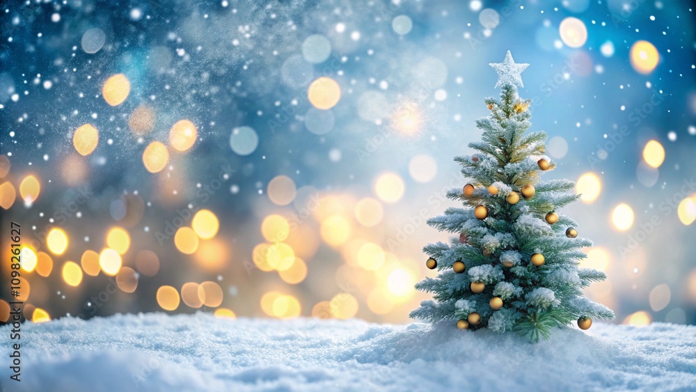 Obraz premium Empty white snow with blur Christmas tree with bokeh light background 