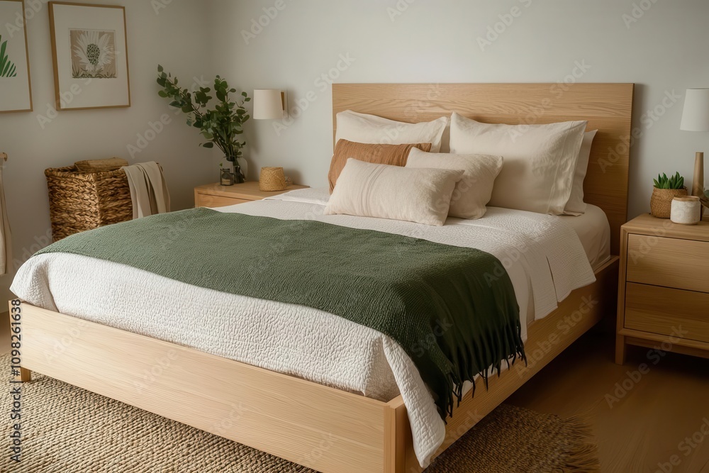 Obraz premium A cozy, minimalist bedroom featuring a wooden bed, soft bedding, and green accents, creating a serene and inviting atmosphere.