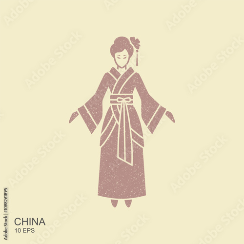 A woman in a traditional Chinese costume Hanfu. Flat vector icon in vintage style