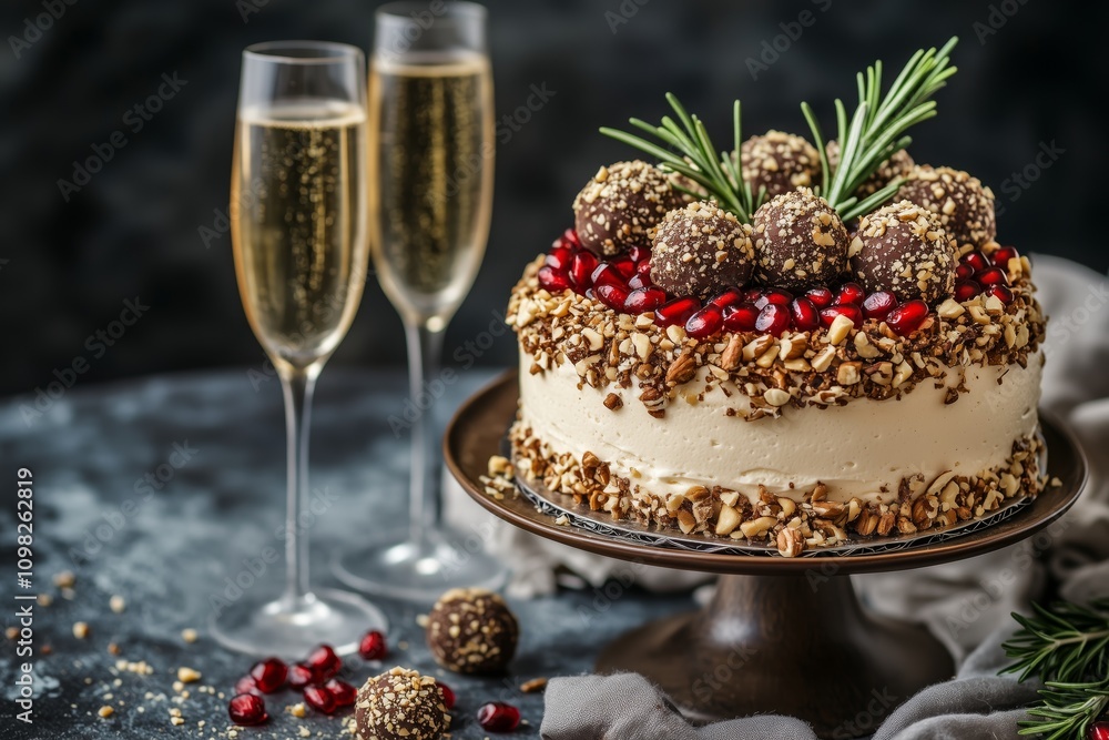 Fototapeta premium Tasty cake with chopped nuts on the sides and topped with pomegranate seeds, rosemary sprigs, and truffle like balls coated in crushed nuts on a stand against a table, with space for text. 