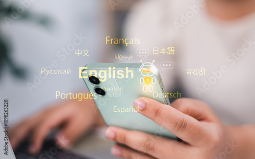 Woman use smartphone with Translator app, Translator app, language course and e-learning concept, Translation or translate on the mobile app worldwide language conversation speaking concept. photo