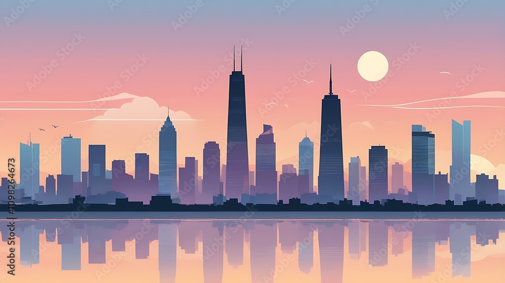 Obraz premium Cityscape Silhouette at Sunset Over Calm Water