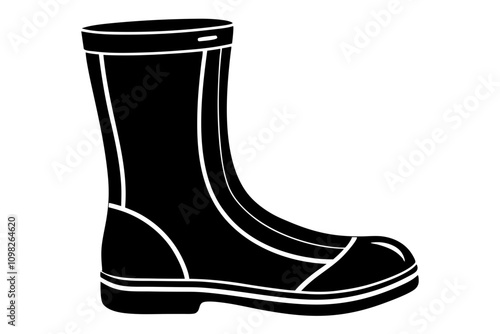 Black rubber boot standing straight in simple style isolated vector illustration,Symbolizing gardening, farming, and water protection, this black rubber boot silhouette represents a simple silhouette.