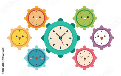 Set of Cute Alarm Clocks– Cartoon Style Illustrations on white background