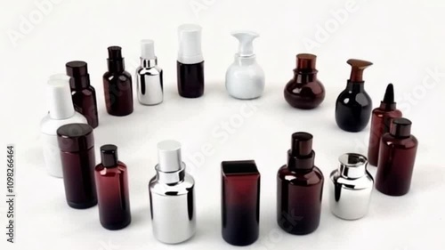 Realistic 3D render of empty cosmetics bottles in various shapes and sizes, perfect for showcasing packaging designs and beauty products.



 photo