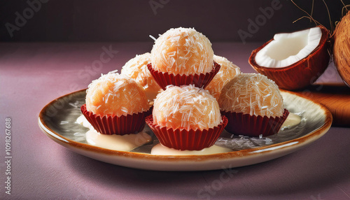 Coconut candies with condensed milk on a plate on a concrete background photo