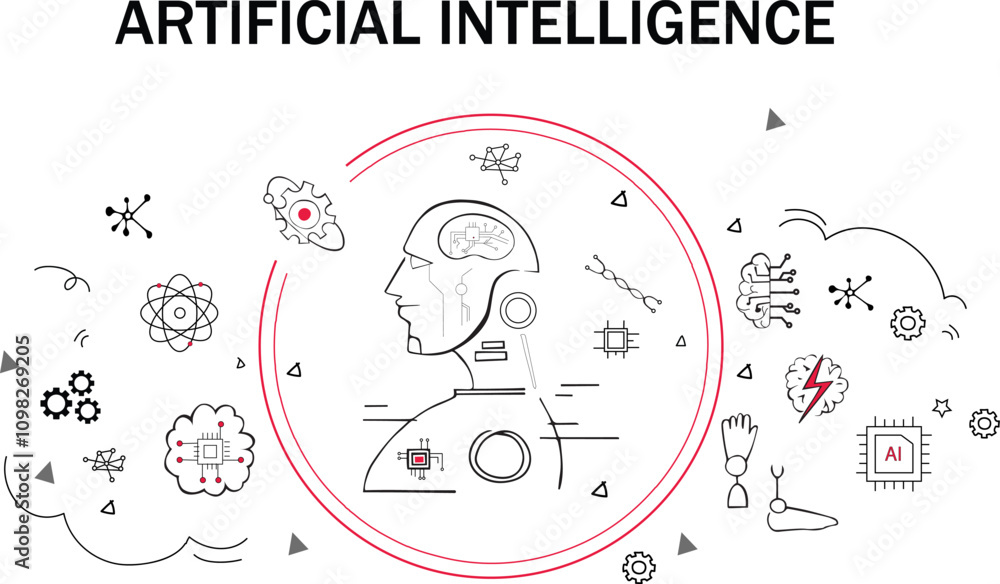 Obraz premium Data Science doodle vector banner with icons. Black and white illustration of data science with space for text.