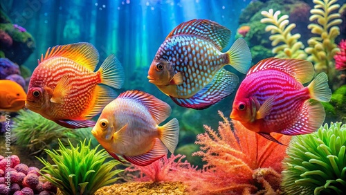 Colorful Fish Swimming in Vibrant Coral Reef Scene photo