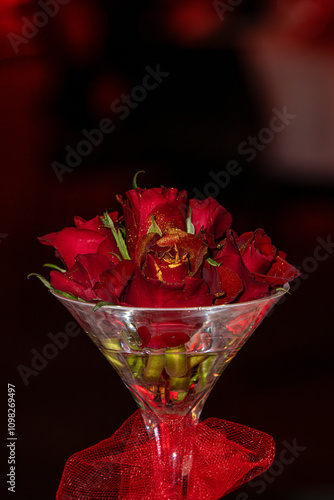 Red cut roses arranged in a glass vase