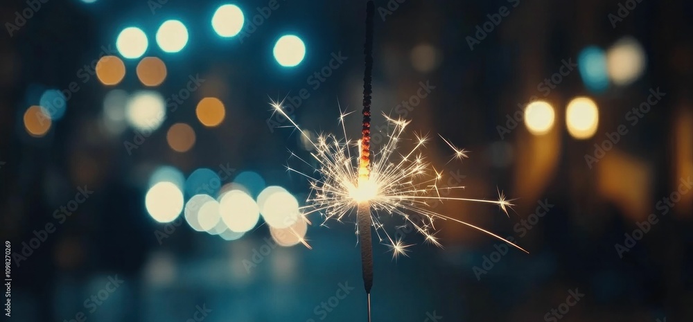 Fototapeta premium sparkler, celebration, night lights, bokeh, holiday fireworks, festive mood, glowing sparkler on dark background, vibrant colors, joy and happiness in focus