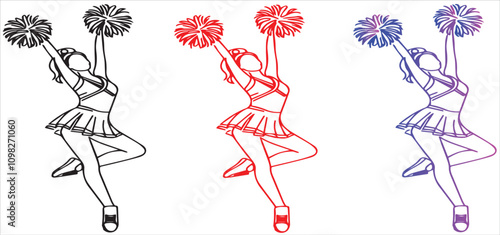 Cheerleader girl jumping with hands up waving pompoms hand drawn outline Vector illustration