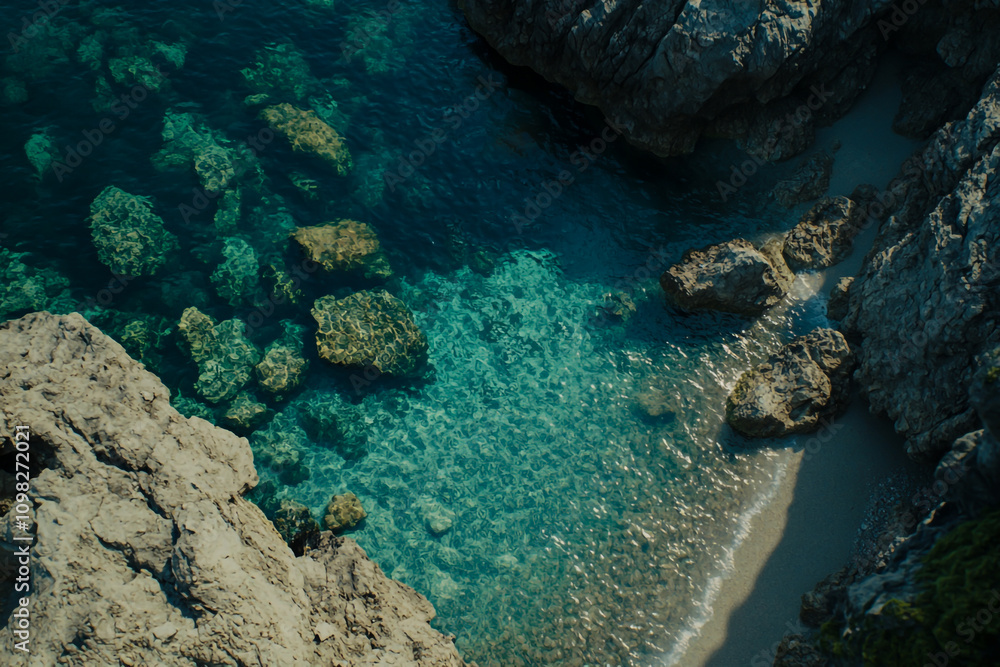 Fototapeta premium Aerial view of the beach and sea, clear water and rocks on both sides, top-down perspective, high resolution, high quality