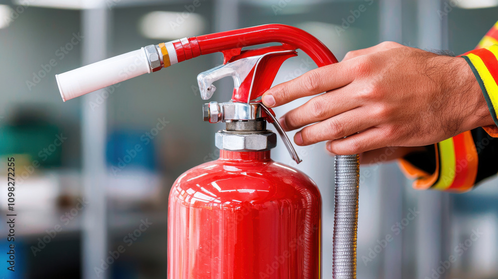 Naklejka premium Firefighter holding fire extinguisher, demonstrating safety training techniques. focus is on equipment and importance of fire safety in various environments