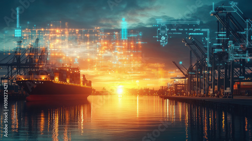 Cargo Ship at Sunrise with Digital Elements