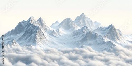 Brightly illuminated snow-covered peaks rising against a pale winter sky with soft clouds below photo