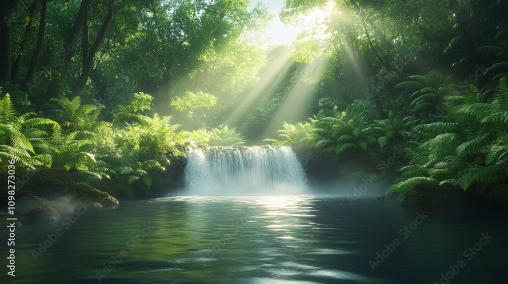 Fototapeta premium Serene Waterfall in Lush Rainforest.
