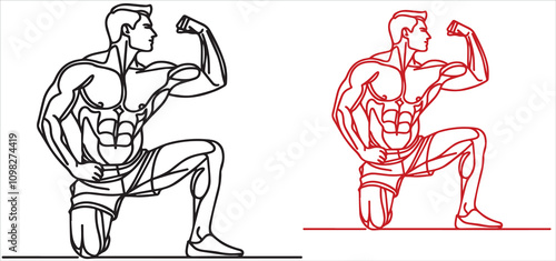 Continuous line bodybuilder show biceps. Vector