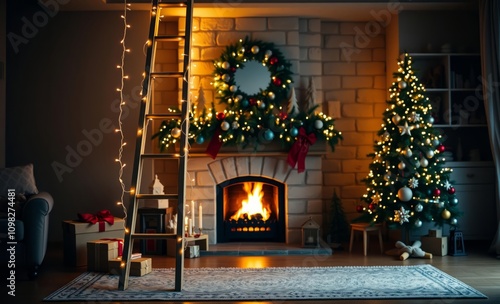 cozy interior, rustic fireplace, christmas tree, wreath, garland, warm glow, fairy lights, wooden floor, ladder, holiday decorations, festive atmosphere, winter scene, home decor, evening ambiance, tr