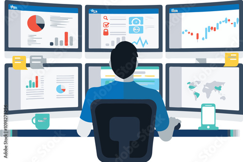 man sitting in front of computer monitors, Network operations center Network monitoring Management Information security operations center Business, analyst, computer Network, serviceArt & Illustration photo