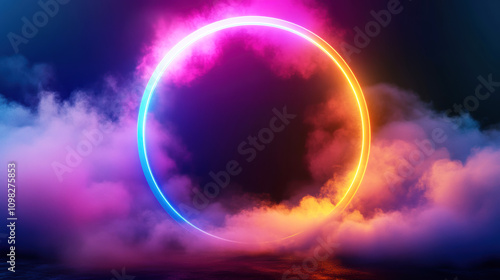 Wallpaper Mural A glowing neon ring floats amidst vibrant clouds, blending hues of blue, purple, orange, and yellow. A mesmerizing 3D-rendered abstract scene. Torontodigital.ca