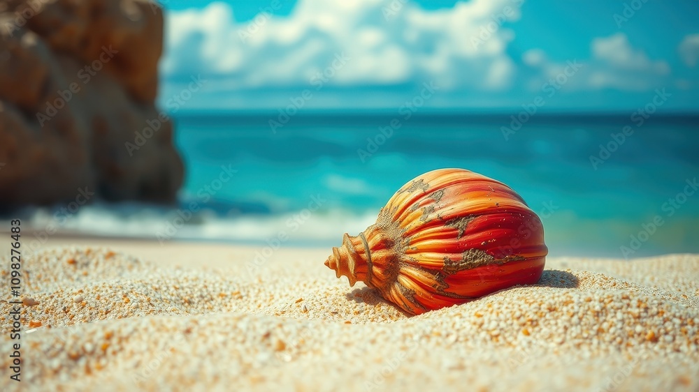 Obraz premium A Colorful Seashell Rests on the Warm Sand, with a Blurred Beach and Blue Sky in the Background