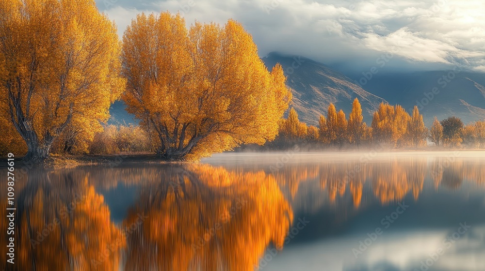 Obraz premium Tranquil Autumn Lake Scene with Golden Trees and Soft Focus, Capturing Peaceful Reflections in a Serene Natural Landscape