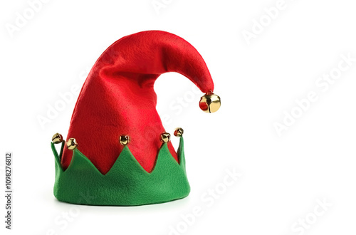 Red and green elf hat with small bells and a curved top on a white background.